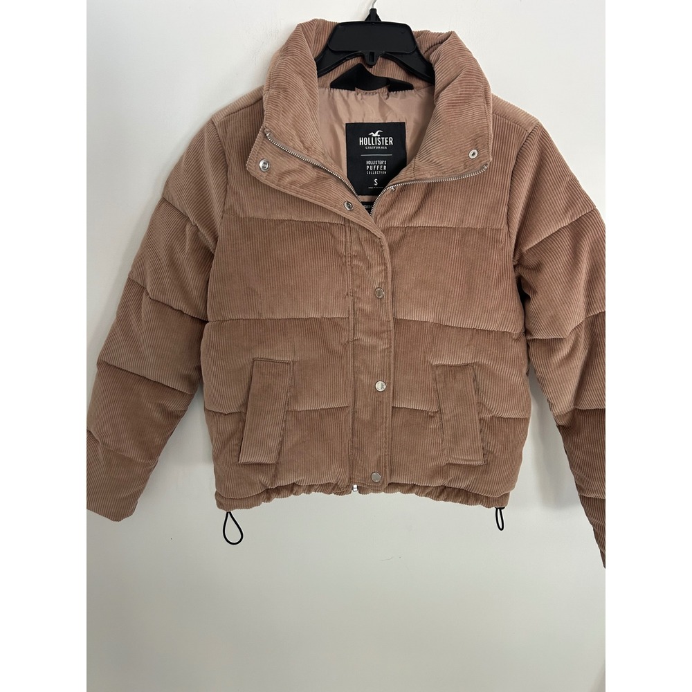 Hollister Corduroy Puffer Jacket Brown Tan Quilted Zip Snap Small Womens NWOT